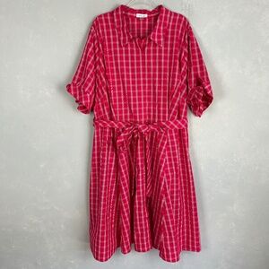Calvin Klein plus size 3X 24W midi shirt dress pink plaid cotton poplin belted